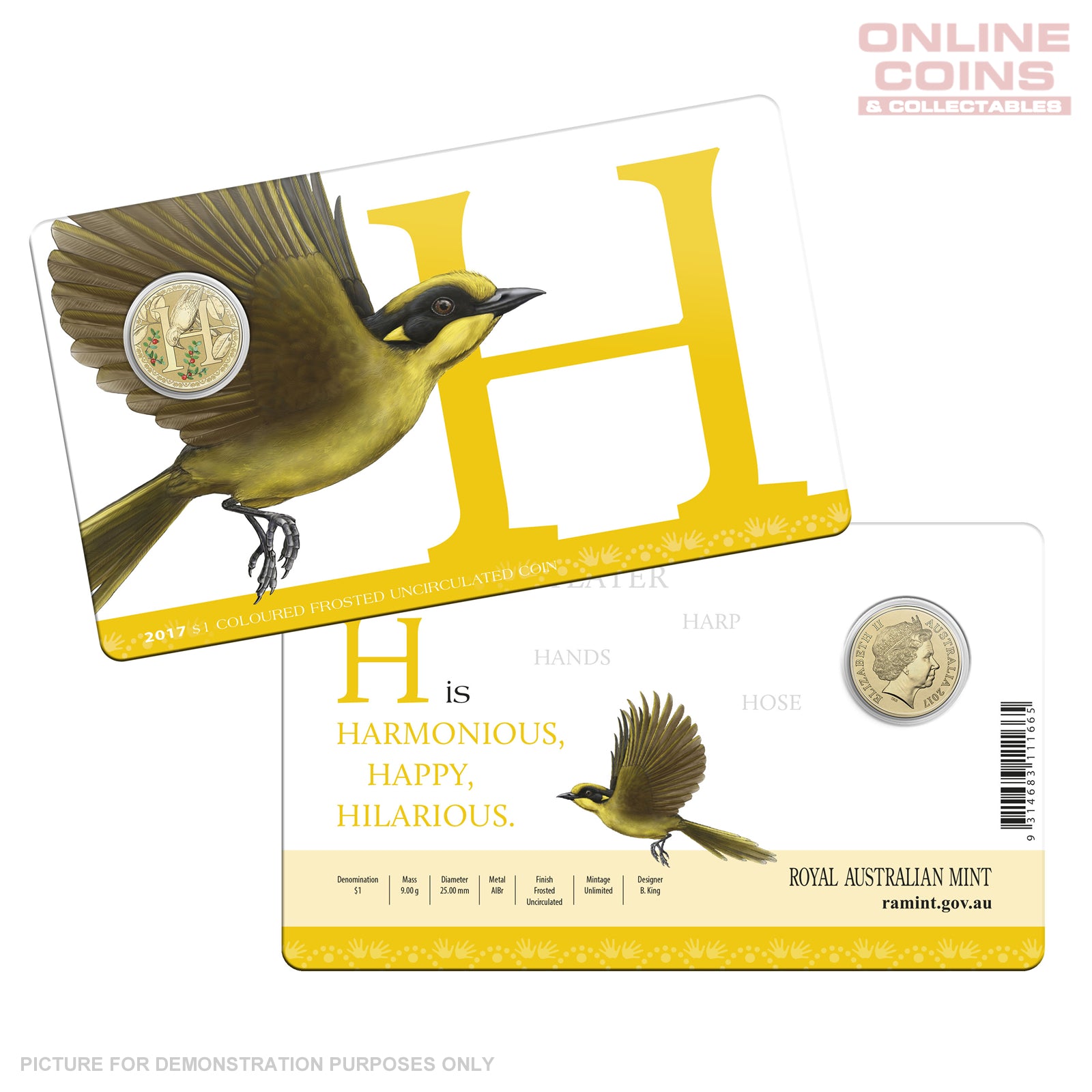 2017 $1 Coloured Alphabet Frosted Coin In Card - H For HoneyEater